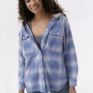 🧥 🌺 BDG Urban Outfitters Hooded Flannel Lydia Jacket Shacket XS 4 6 Blue Plaid